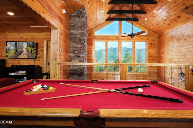 933 E Foothills Dr, Gatlinburg, TN 37738 - playroom featuring wooden ceiling, pool table, wooden walls, a mountain view, and a fireplace