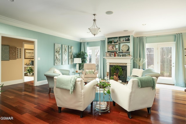 living room featuring a fireplace, dark hardwood / wood-style flooring, and ornamental molding