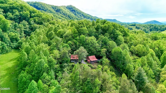 birds eye view of property with a mountain view and a forest view