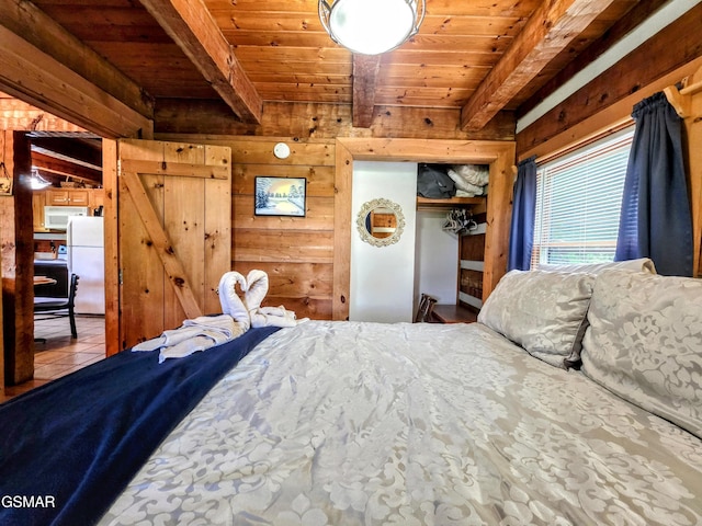 bedroom featuring freestanding refrigerator, wood ceiling, wooden walls, and beamed ceiling