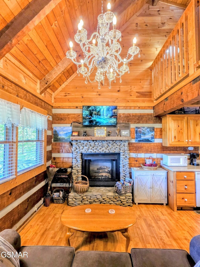 living room with light wood-style floors, lofted ceiling, wooden walls, and wooden ceiling