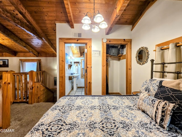 carpeted bedroom featuring beamed ceiling, visible vents, and wood ceiling