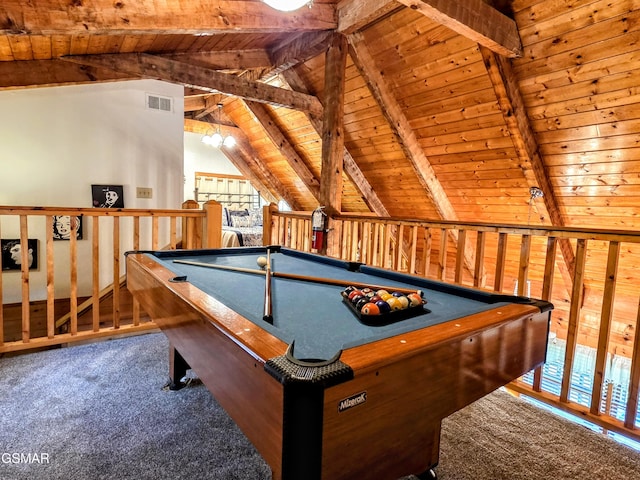 recreation room with visible vents, pool table, wooden ceiling, lofted ceiling with beams, and carpet