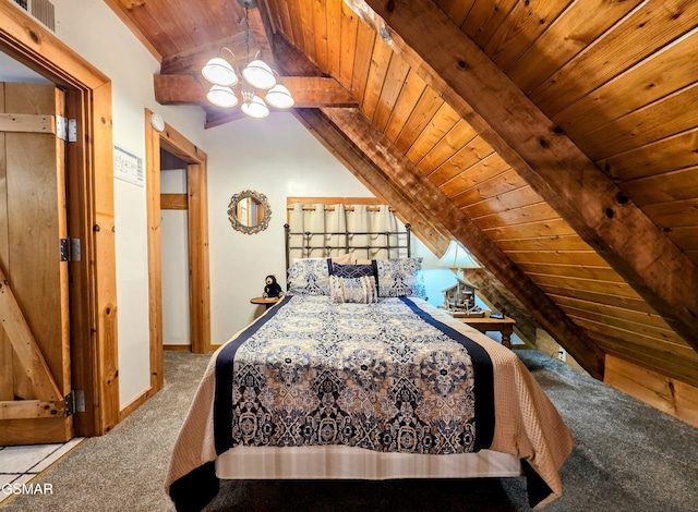 carpeted bedroom featuring vaulted ceiling with beams, wood ceiling, a notable chandelier, and visible vents