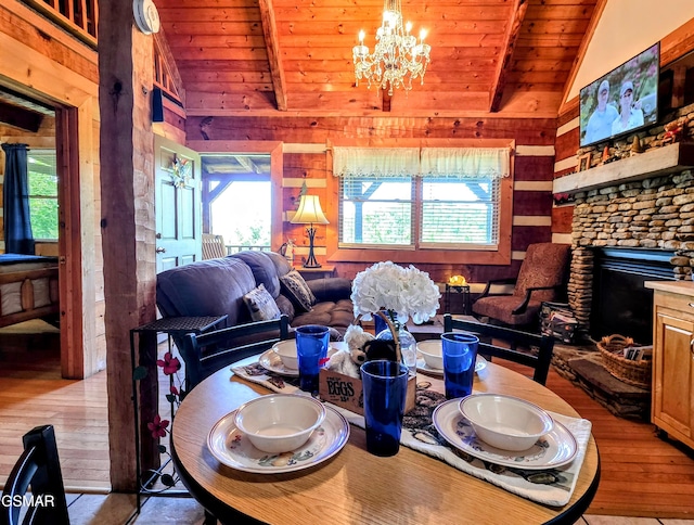 dining space with vaulted ceiling with beams, wood walls, wood ceiling, and hardwood / wood-style floors