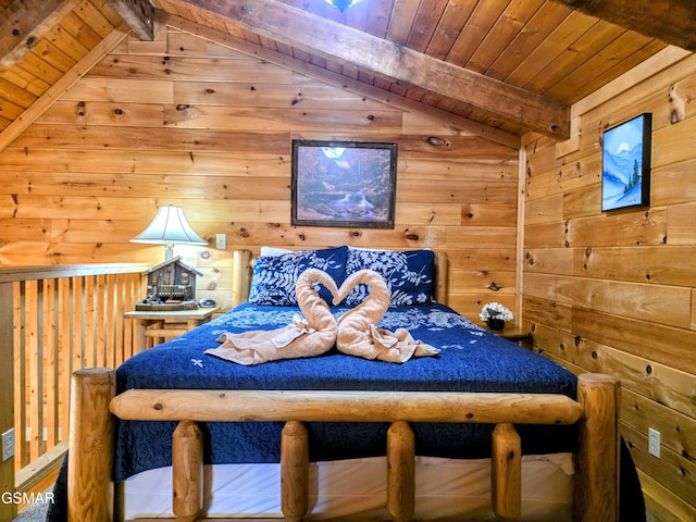 bedroom with wooden walls, wooden ceiling, and beam ceiling