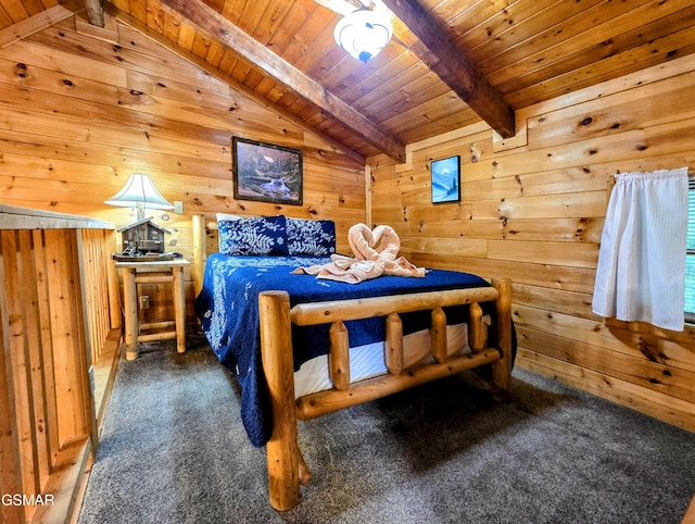 bedroom featuring wooden walls, wooden ceiling, vaulted ceiling with beams, and carpet