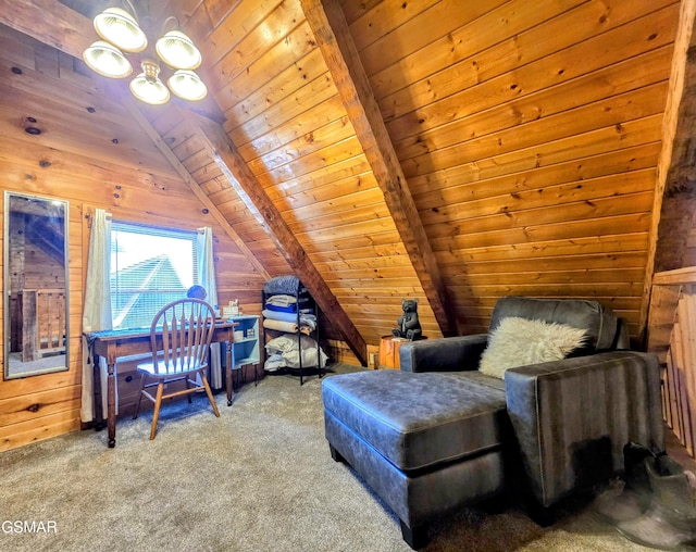 interior space with a chandelier, wood walls, wooden ceiling, and lofted ceiling