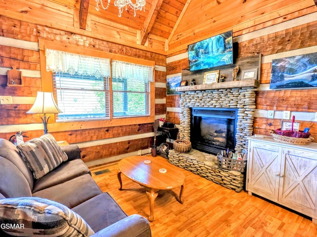 living area featuring wooden walls, wood ceiling, vaulted ceiling with beams, and wood finished floors
