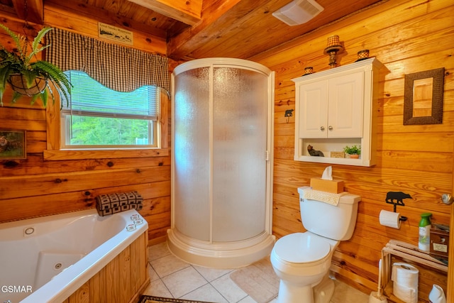 full bath featuring wooden walls, tile patterned floors, wooden ceiling, a stall shower, and a whirlpool tub