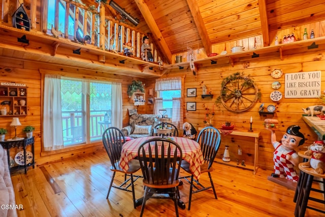 dining room featuring wooden ceiling, beamed ceiling, wood walls, wood-type flooring, and high vaulted ceiling