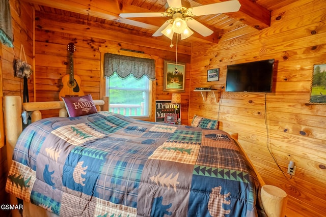 bedroom with wood ceiling, wood walls, beam ceiling, and a ceiling fan