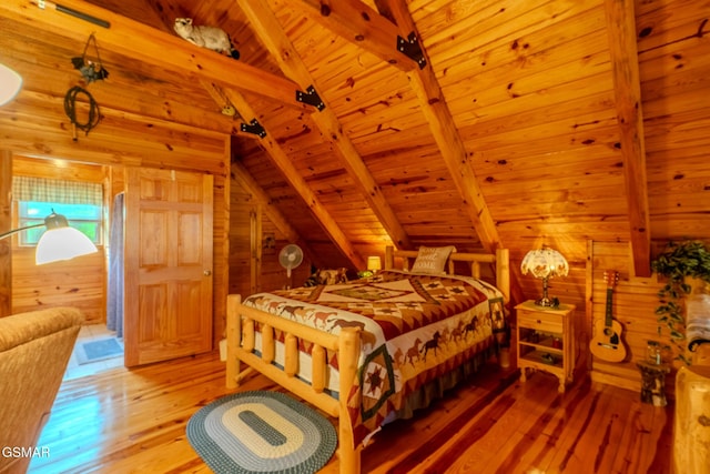 bedroom featuring wood ceiling, wood walls, and wood-type flooring