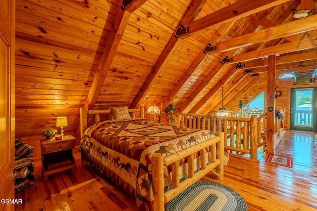bedroom featuring wood ceiling, wood-type flooring, and wooden walls