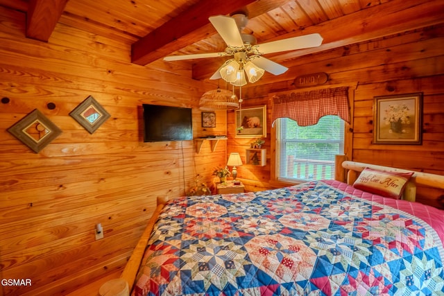 bedroom featuring wood walls, beam ceiling, wooden ceiling, and a ceiling fan