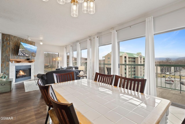 dining area with a wealth of natural light, a large fireplace, a textured ceiling, and wood finished floors