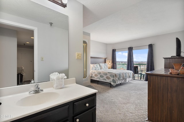 carpeted bedroom featuring access to outside, a textured ceiling, and a sink