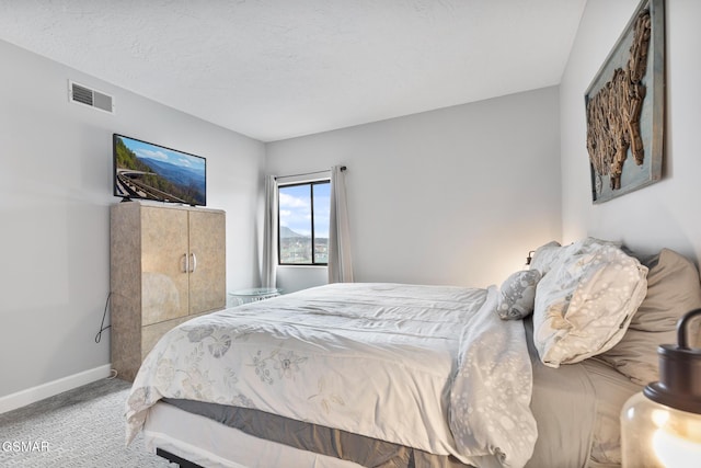 bedroom with a textured ceiling, carpet, visible vents, and baseboards