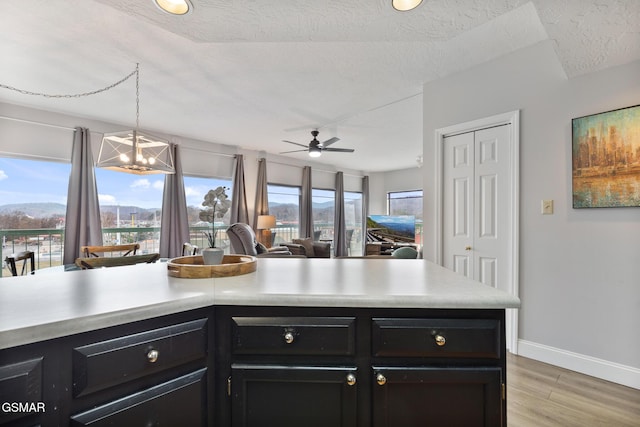 kitchen featuring light countertops, light wood-style flooring, dark cabinetry, and a textured ceiling