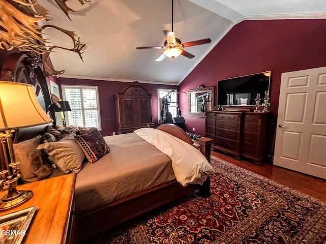 1042 Fine Glen Dr, Sevierville, TN 37862 - bedroom featuring wood finished floors, lofted ceiling, a ceiling fan, and ornamental molding