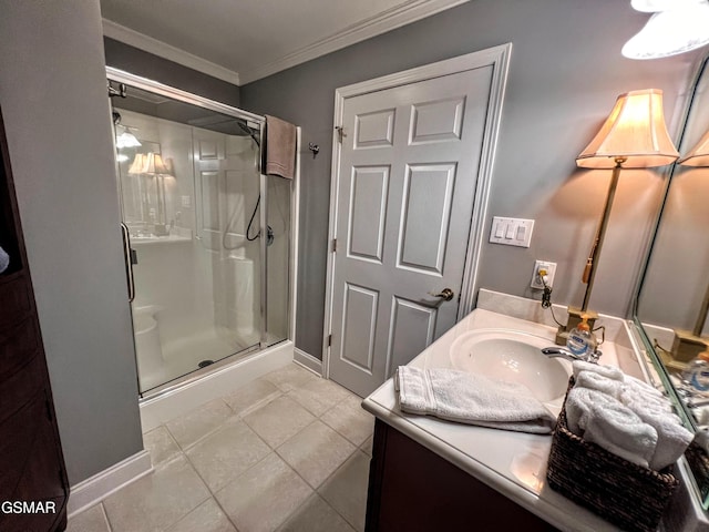 1042 Fine Glen Dr, Sevierville, TN 37862 - bathroom featuring a shower stall, vanity, crown molding, and tile patterned floors
