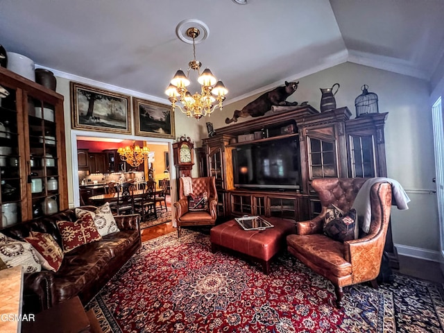 1042 Fine Glen Dr, Sevierville, TN 37862 - living area with a chandelier, crown molding, and lofted ceiling