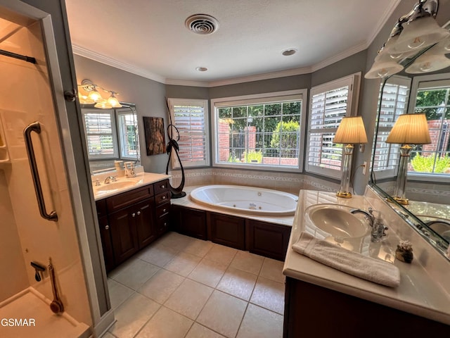 1042 Fine Glen Dr, Sevierville, TN 37862 - bathroom featuring two vanities, tile patterned flooring, a jetted tub, and ornamental molding