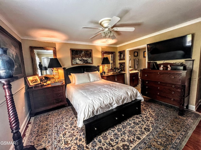 1042 Fine Glen Dr, Sevierville, TN 37862 - bedroom featuring crown molding, wood finished floors, ceiling fan, and ensuite bath