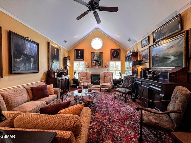 1042 Fine Glen Dr, Sevierville, TN 37862 - living area featuring a ceiling fan, vaulted ceiling, and a fireplace