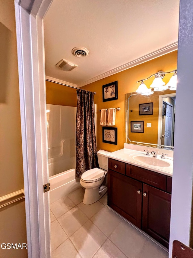 1042 Fine Glen Dr, Sevierville, TN 37862 - full bathroom with tile patterned floors, ornamental molding, vanity, and shower / tub combo with curtain
