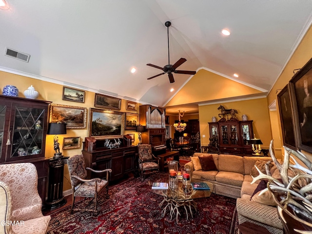 1042 Fine Glen Dr, Sevierville, TN 37862 - living room with lofted ceiling, a ceiling fan, recessed lighting, and crown molding