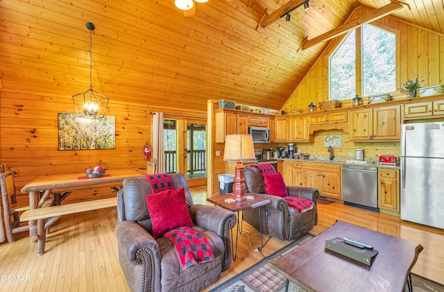 living area with light wood-style floors, high vaulted ceiling, wood walls, and wooden ceiling