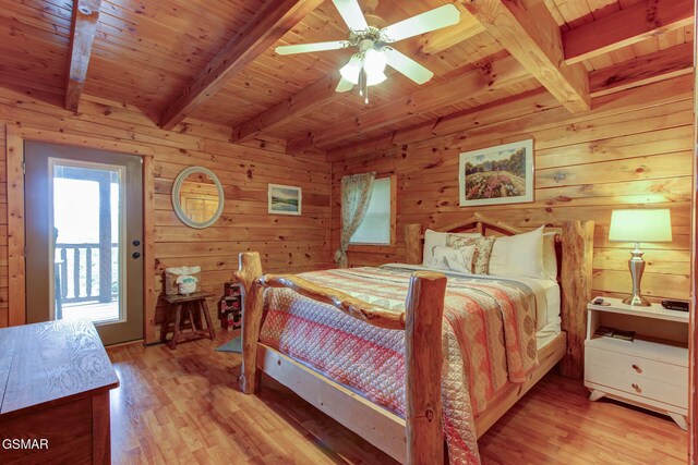 1925 Battle Top Rd, Sevierville, TN 37876 - bedroom featuring wooden ceiling with exposed beams, light wood finished floors, wood walls, and a ceiling fan