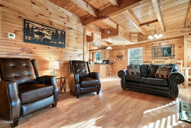 living room featuring wood walls, beamed ceiling, wooden ceiling, and light wood-style floors