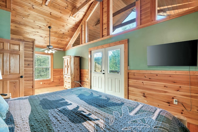 bedroom with wood ceiling, wainscoting, wooden walls, and multiple windows