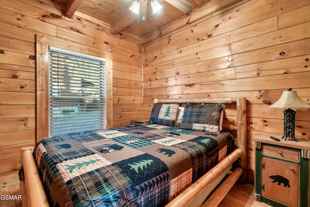 bedroom featuring light wood-type flooring, wood ceiling, wooden walls, and beamed ceiling