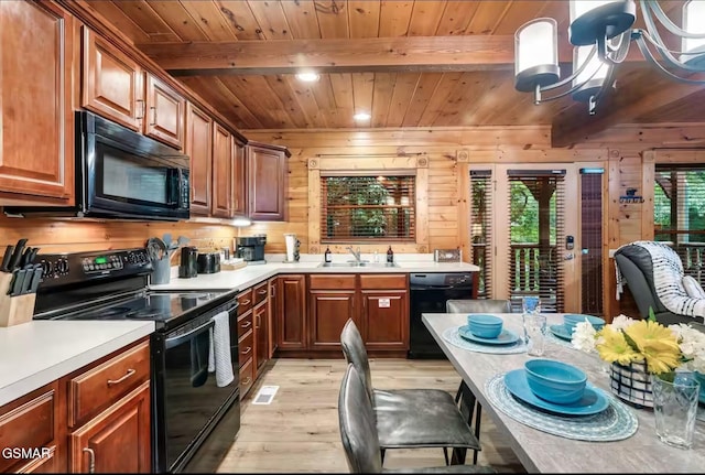 646 Gatlinburg Falls Way, Gatlinburg, TN 37738 - kitchen featuring a sink, wooden ceiling, black appliances, beam ceiling, and light wood finished floors