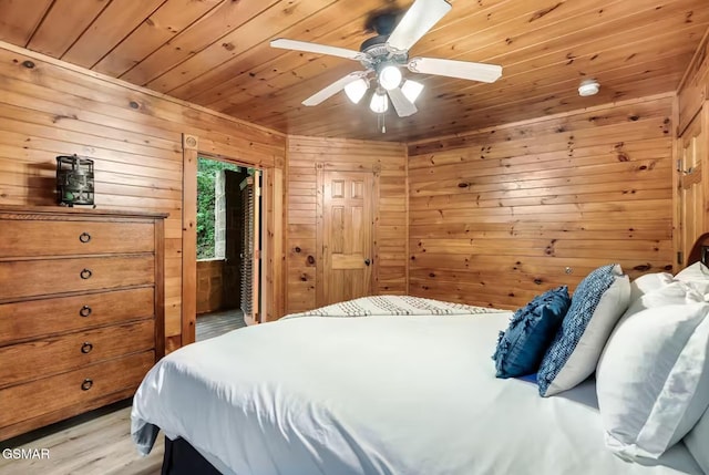 646 Gatlinburg Falls Way, Gatlinburg, TN 37738 - bedroom featuring wood ceiling, wood walls, a ceiling fan, and light wood finished floors