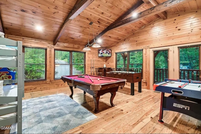 646 Gatlinburg Falls Way, Gatlinburg, TN 37738 - rec room featuring vaulted ceiling with beams, billiards, wooden ceiling, and wood walls