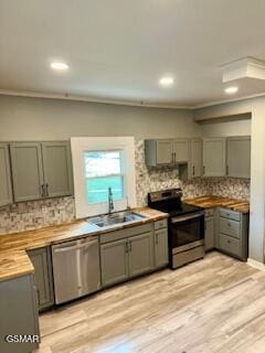 kitchen with decorative backsplash, sink, butcher block counters, and stainless steel appliances