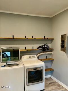 laundry area featuring separate washer and dryer, light hardwood / wood-style flooring, and ornamental molding