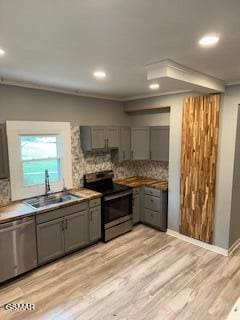 kitchen with decorative backsplash, sink, dishwasher, gray cabinets, and black / electric stove