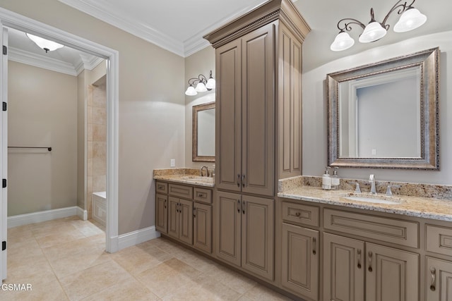 bathroom with double vanity, ornamental molding, and a sink