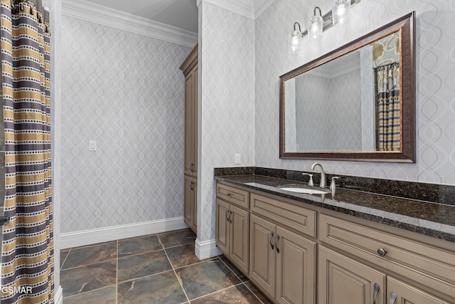 full bath featuring wallpapered walls, vanity, baseboards, and ornamental molding