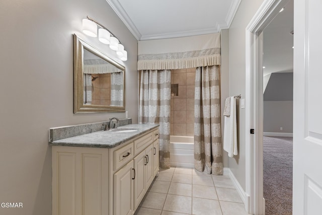 full bath featuring tile patterned floors, shower / bath combination with curtain, vanity, and crown molding