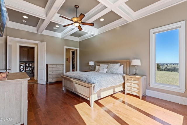 bedroom featuring washer and clothes dryer, beam ceiling, recessed lighting, dark wood-style floors, and coffered ceiling