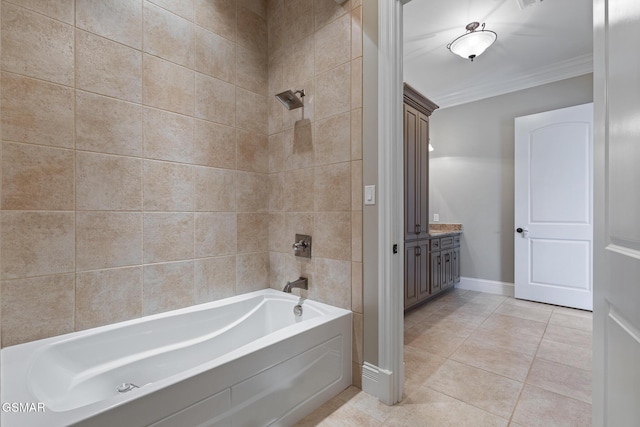 full bathroom featuring tile patterned floors,  shower combination, crown molding, baseboards, and vanity