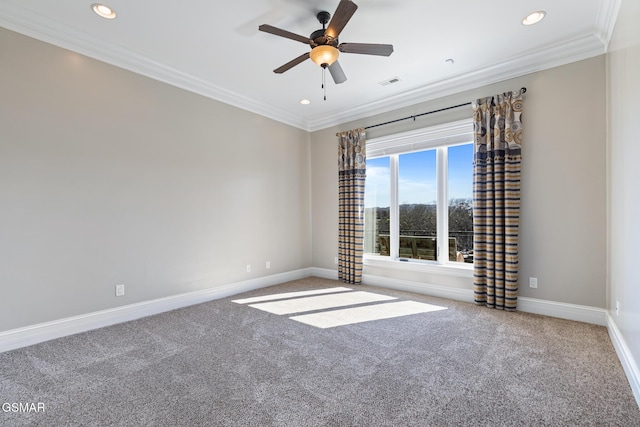 carpeted empty room featuring recessed lighting, visible vents, baseboards, and ornamental molding