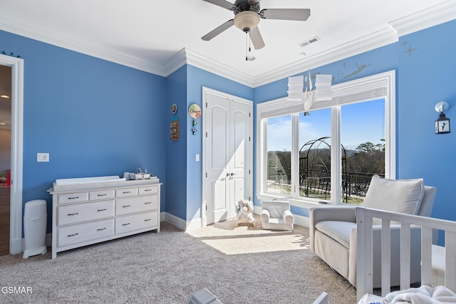 bedroom with carpet flooring, baseboards, visible vents, and ornamental molding