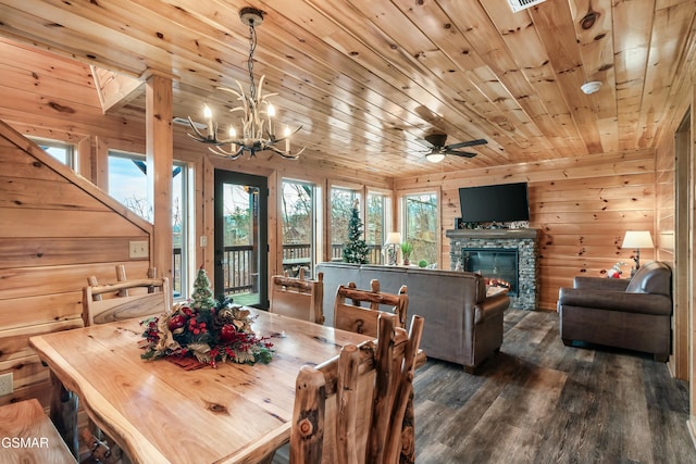 dining area featuring a fireplace, wooden walls, dark wood-type flooring, ceiling fan with notable chandelier, and wooden ceiling